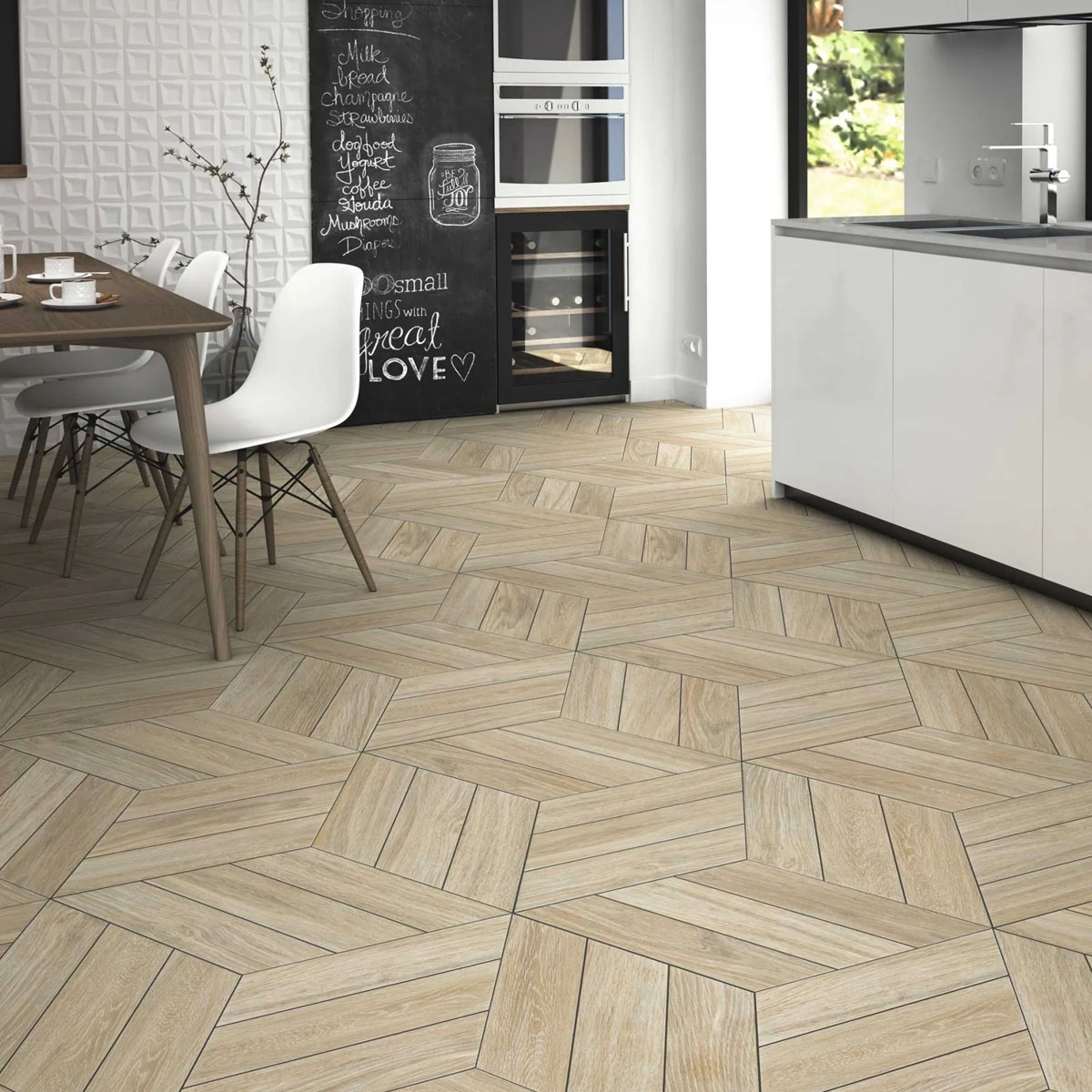 Interior com pavimento chevron em madeira de carvalho diamante (L) 70x40