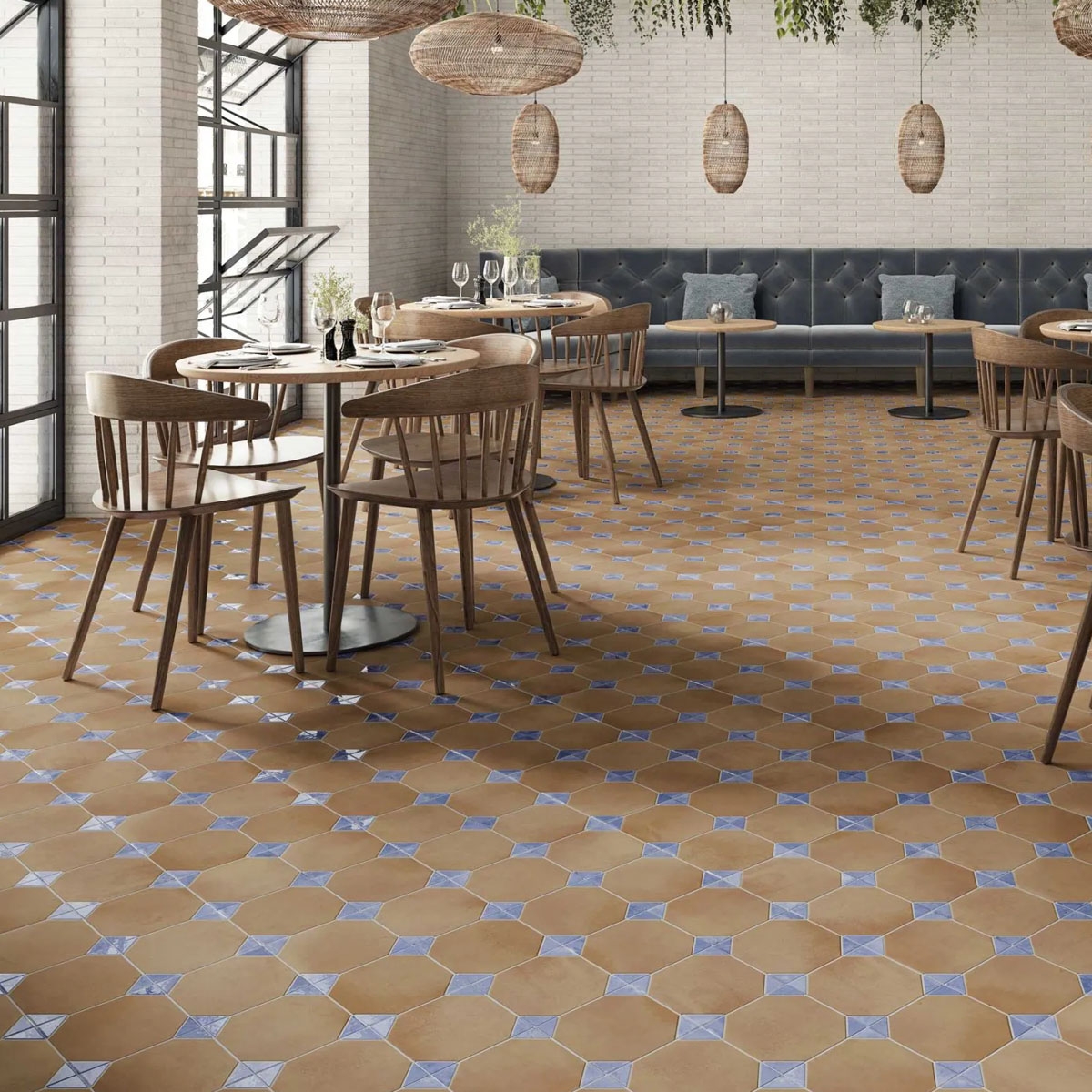 Restaurante con Pavimento Dover Cotto Blue 33x33