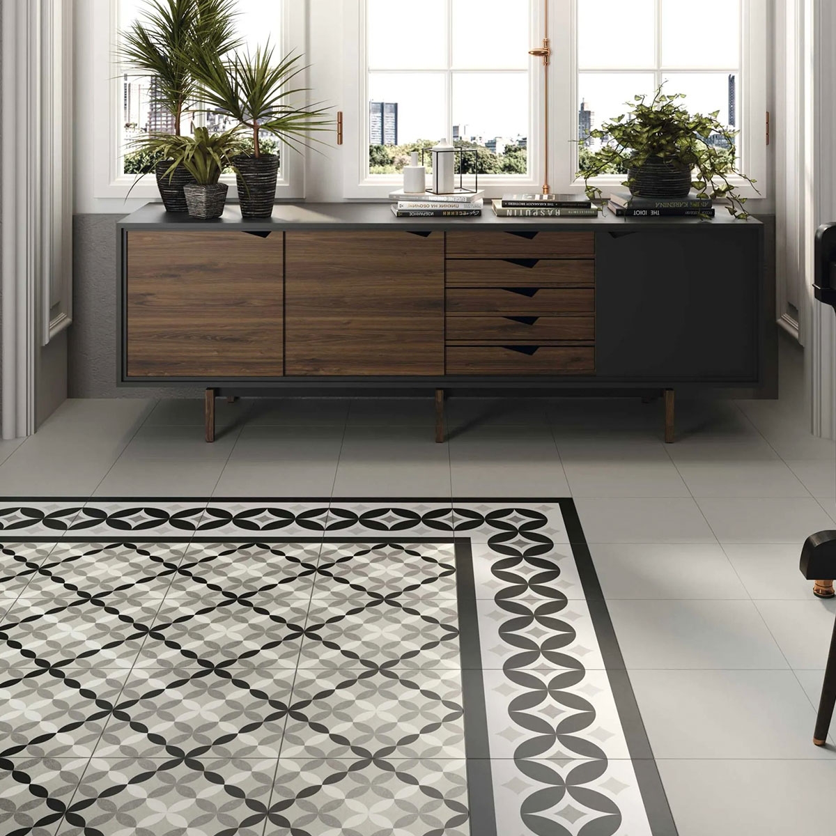 Innenraum mit Hanoi Circle Grey Bodenbelag 33x33