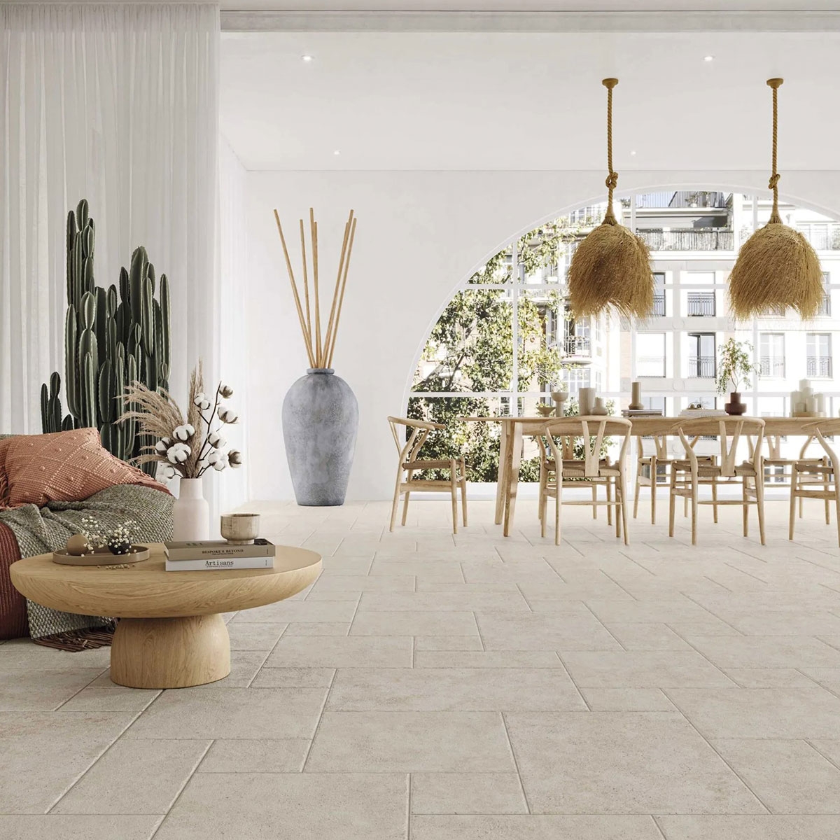 Interior con pavimento Metz Modular Ivory Multiformato (Caja 0,87m2)