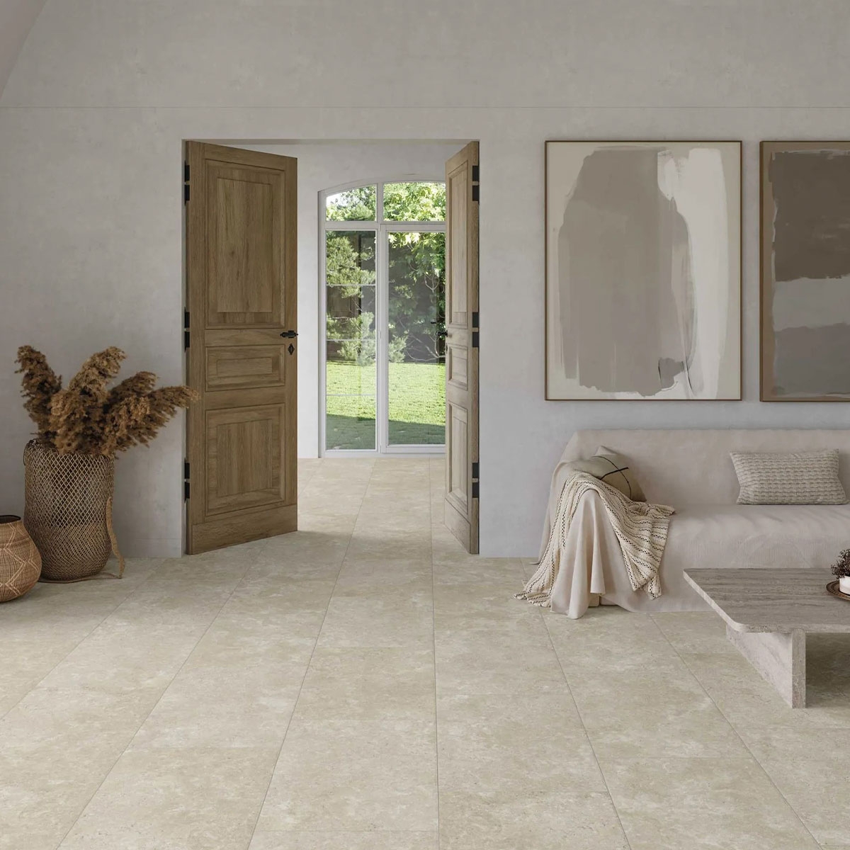 Sala con Pavimento Metz Ivory Base Out Antideslizante 44x66