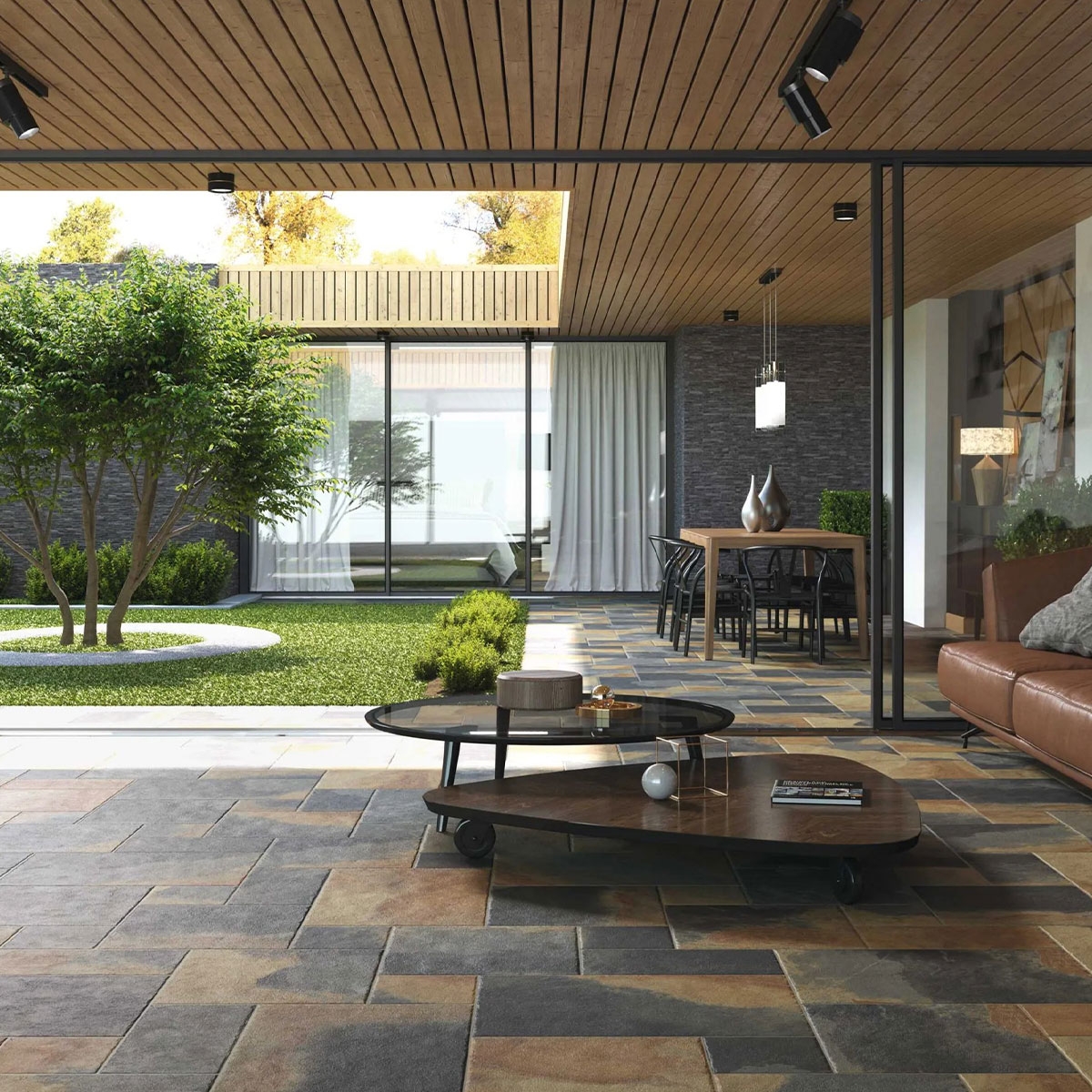 Interior com pavimento multiformato de ardósia modular indiana (Caixa 0,87m2)