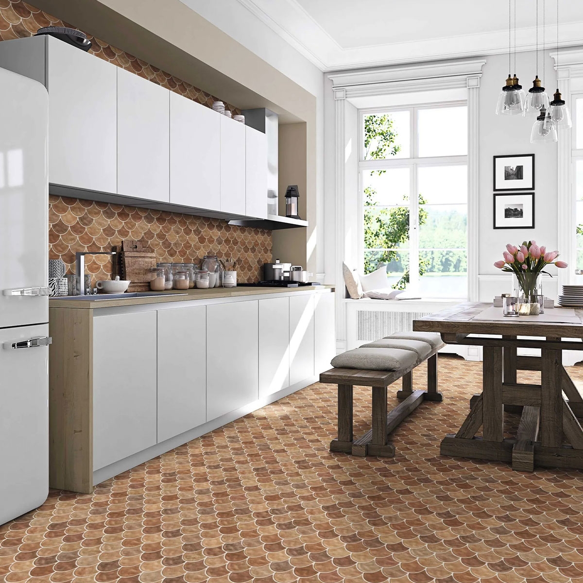 Cozinha com Piso e Azulejos de Parede Escala Cotto 30,7x30,7