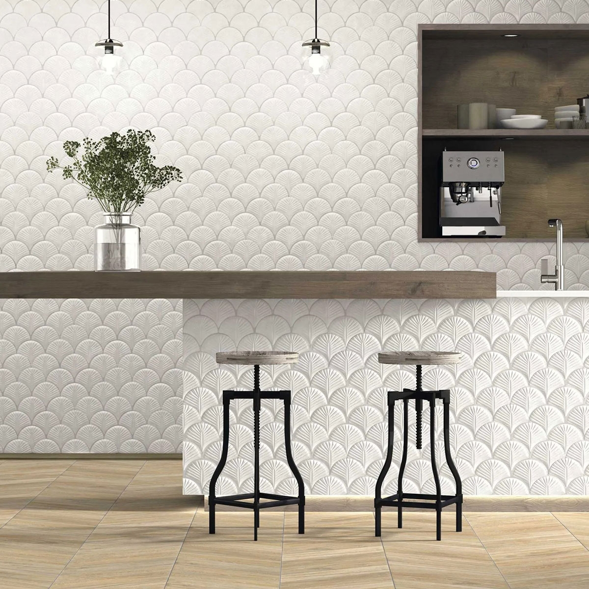 Cocina con Revestimiento Scale Shell White 30.7x30.7