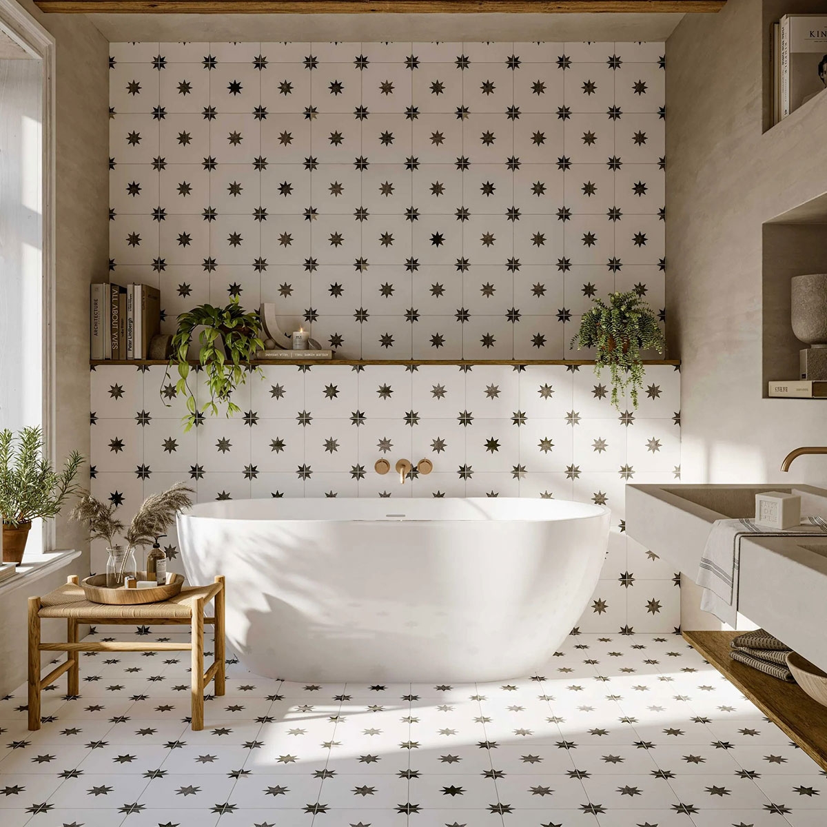 Salle de bain avec sol et carreaux murals Star White 44x44