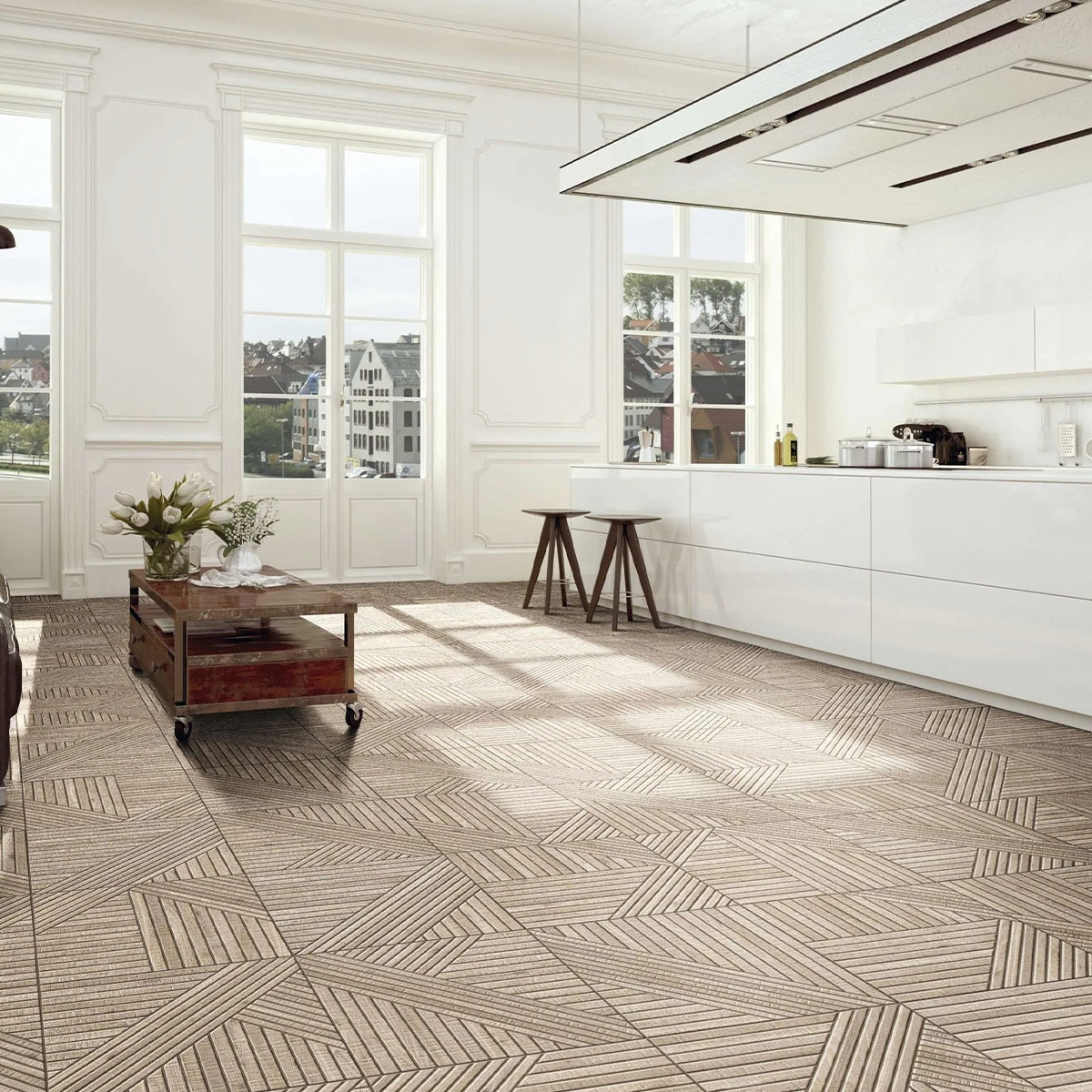 Interior con pavimento Tangram Wood Oak 44x44