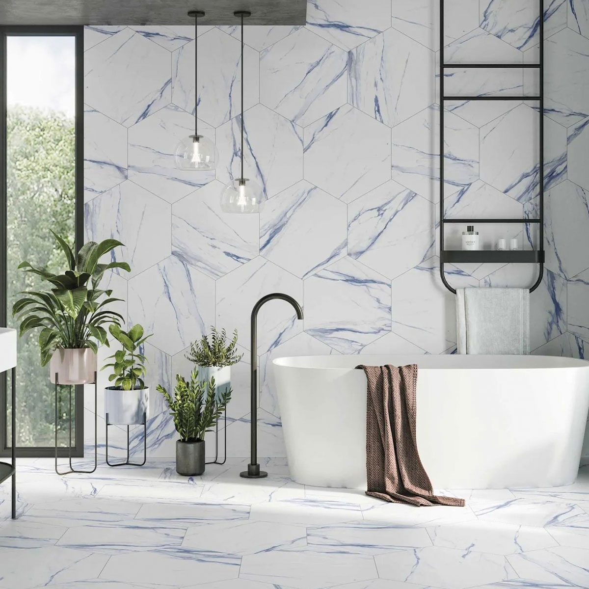 Baño con pavimento y revestimiento Thassos Blue 56x48,5