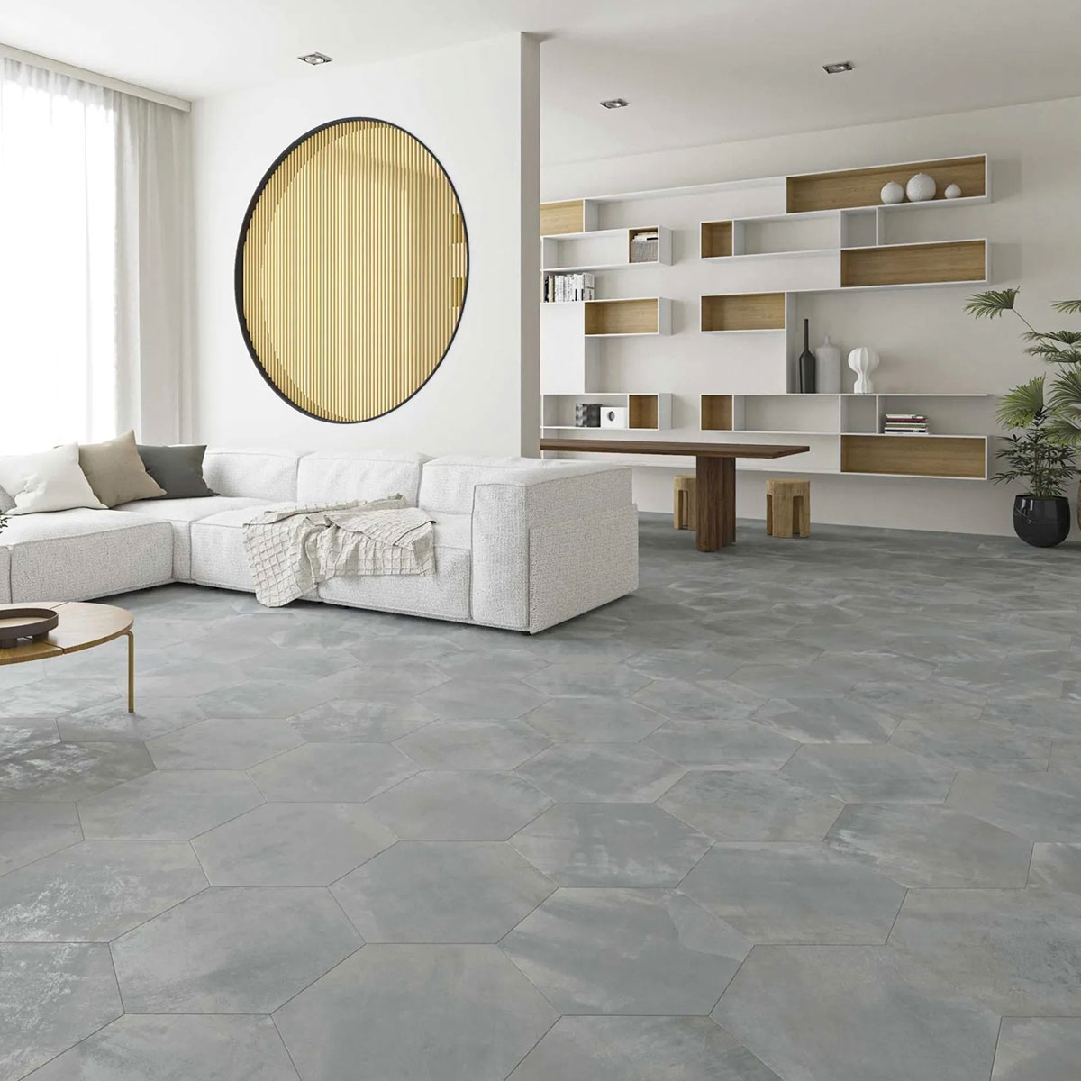 Interior with ambient flooring with Vessel Steel hexagon 56x48.5