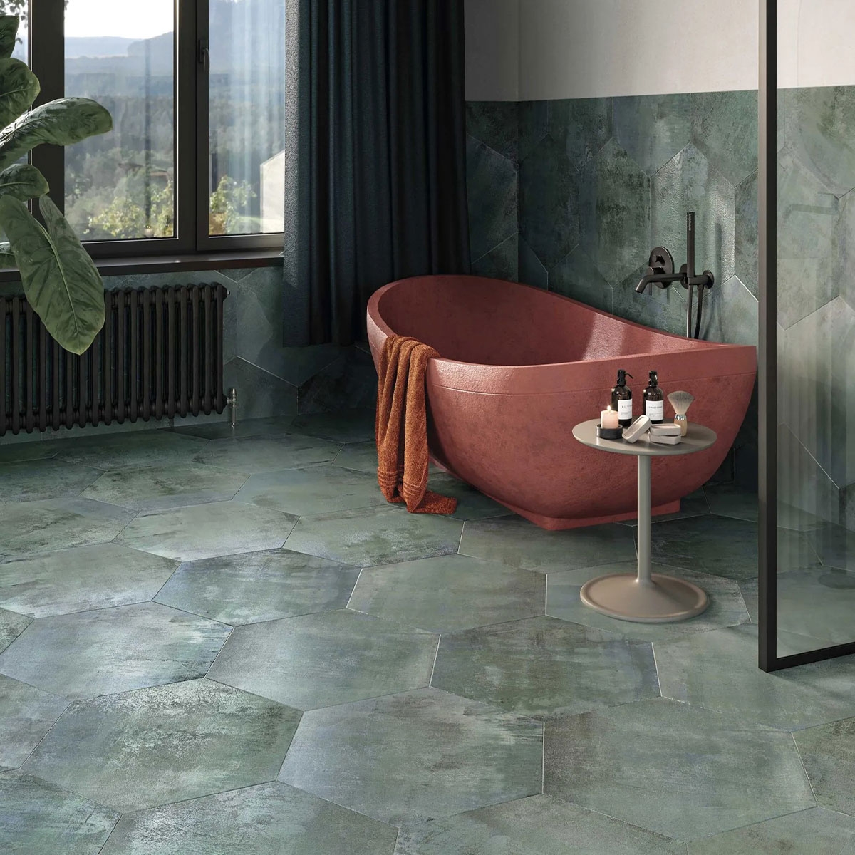 Casa de banho com recipiente hexagonal azul-petróleo 56x48,5 (Caixa 1,2m2)