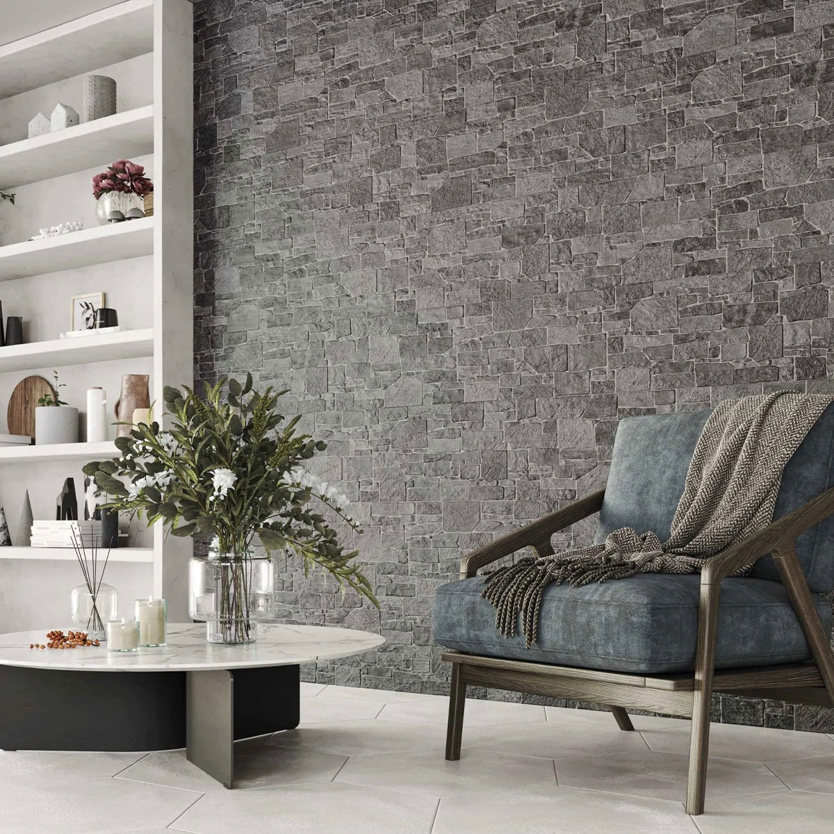 Sala con Revestimiento Stones Charcoal 31x56