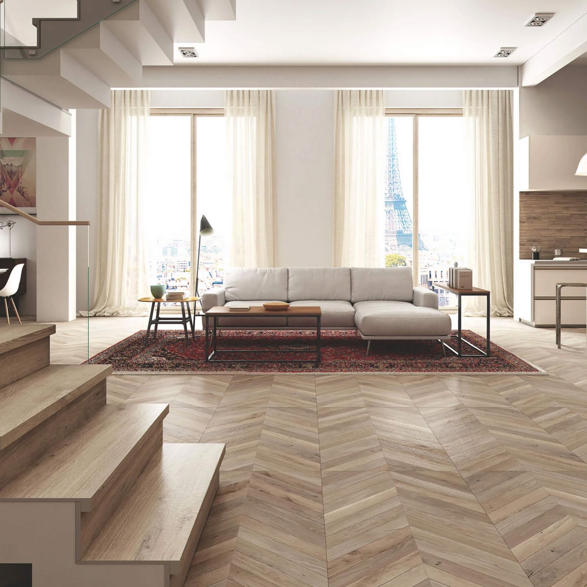 Interior con pavimento Heritage Chevrons Automne 60x120