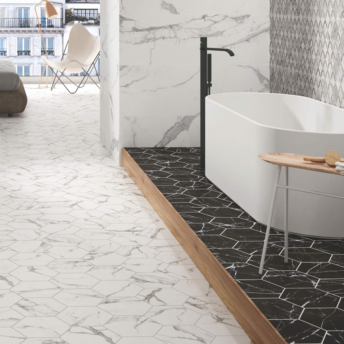 Baño con pavimento Marmi Blanc 23x27