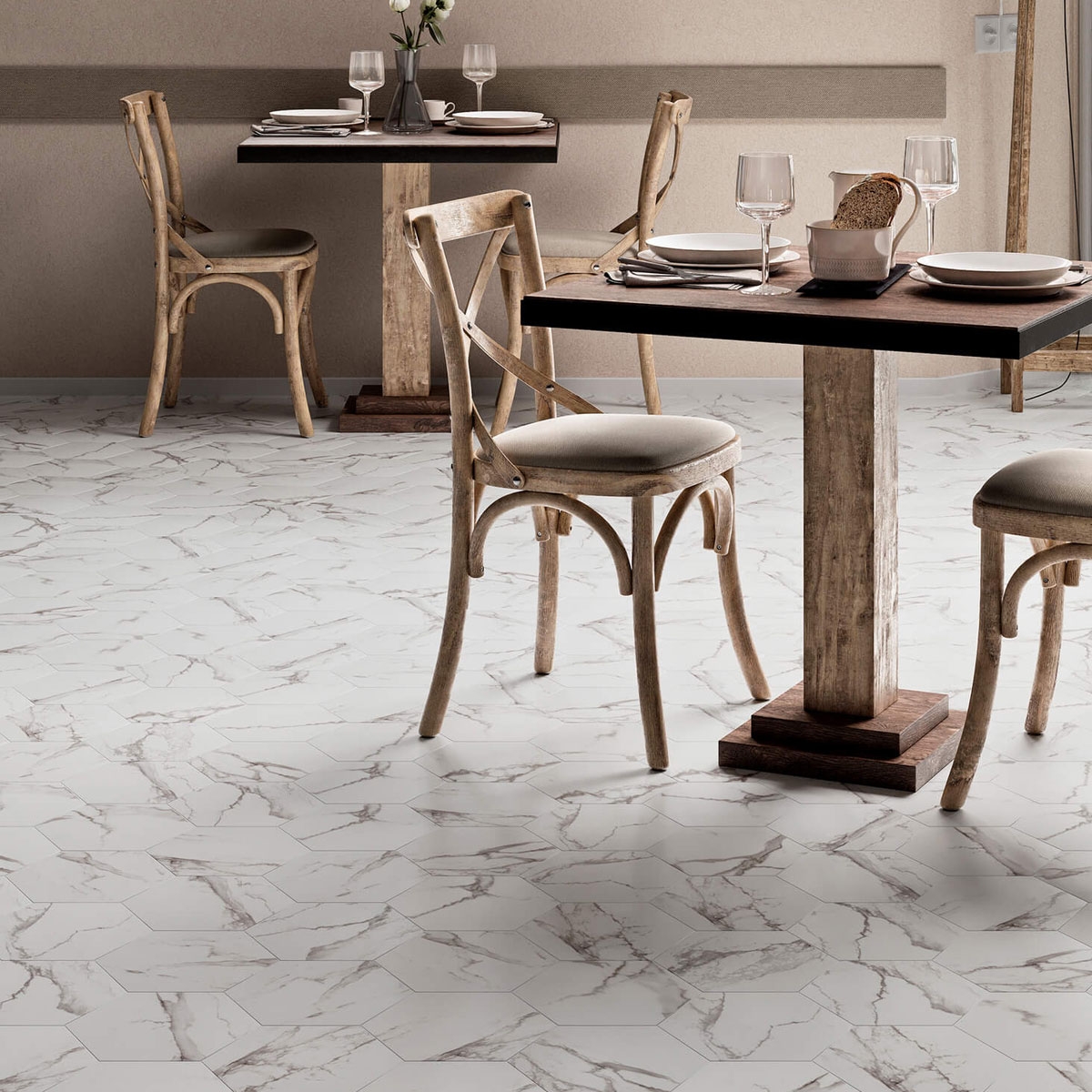 Interior con pavimento Marmi Blanc 23x27