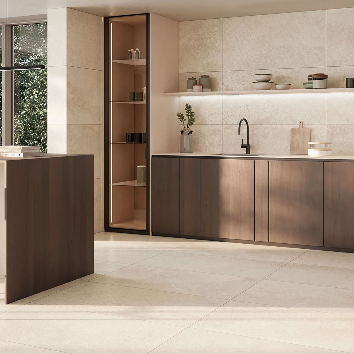 Interior con pavimento y revestimiento Mine Taupe 60x120