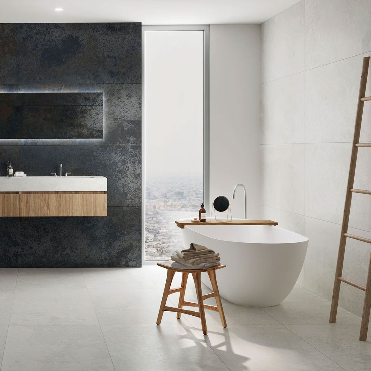 Baño con pavimento Mine White 30x60