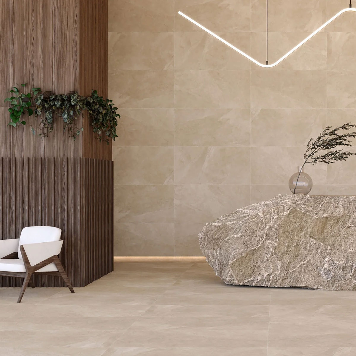 Interior con pavimento Mustang Sand 60x120