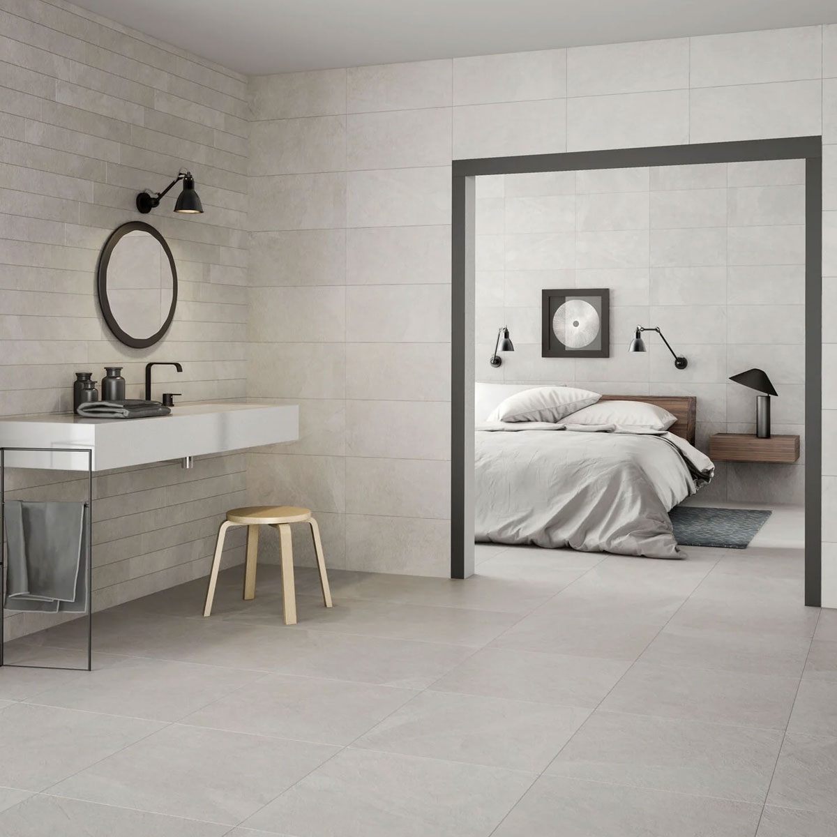Baño con pavimento Mustang White 60x120