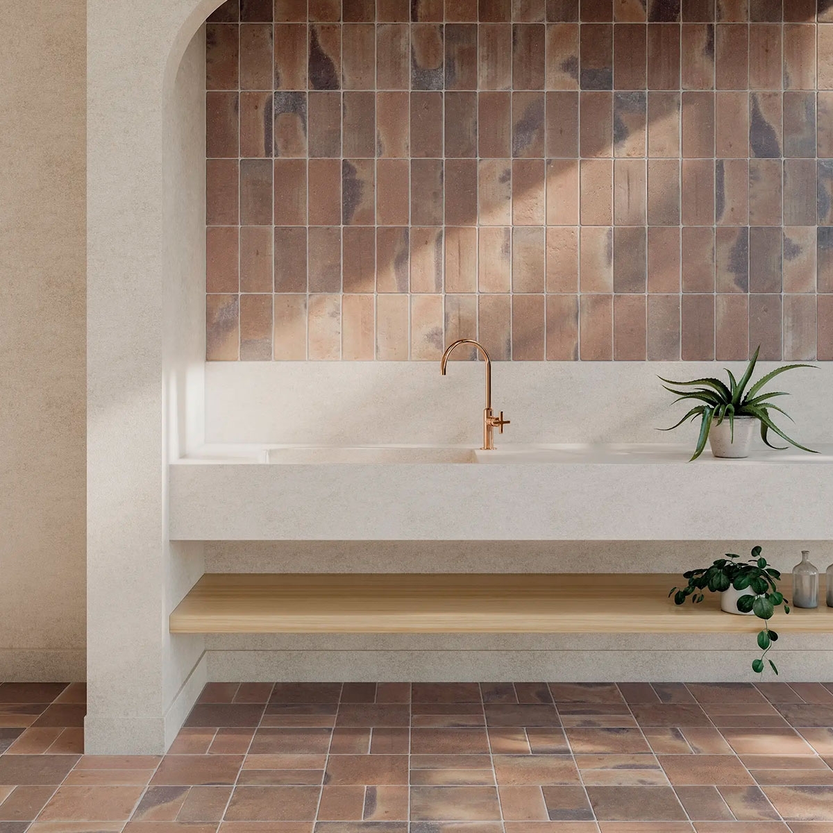 Baño con pavimento y revestimiento Roots M Rust Antideslizante 11x22 (Caja 0.72m2)