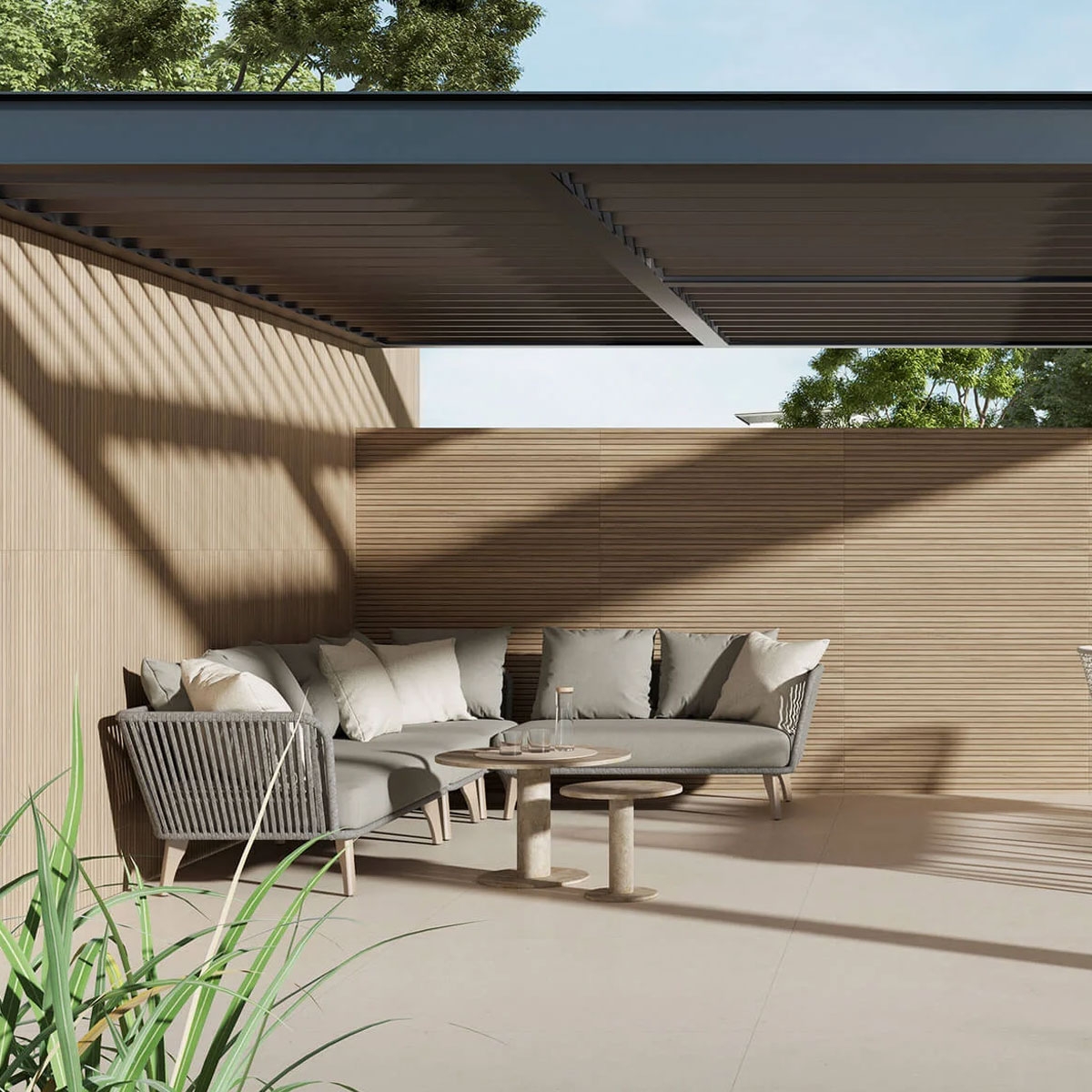 Exterior con revestimiento Osaka Teak-Nero 60x120