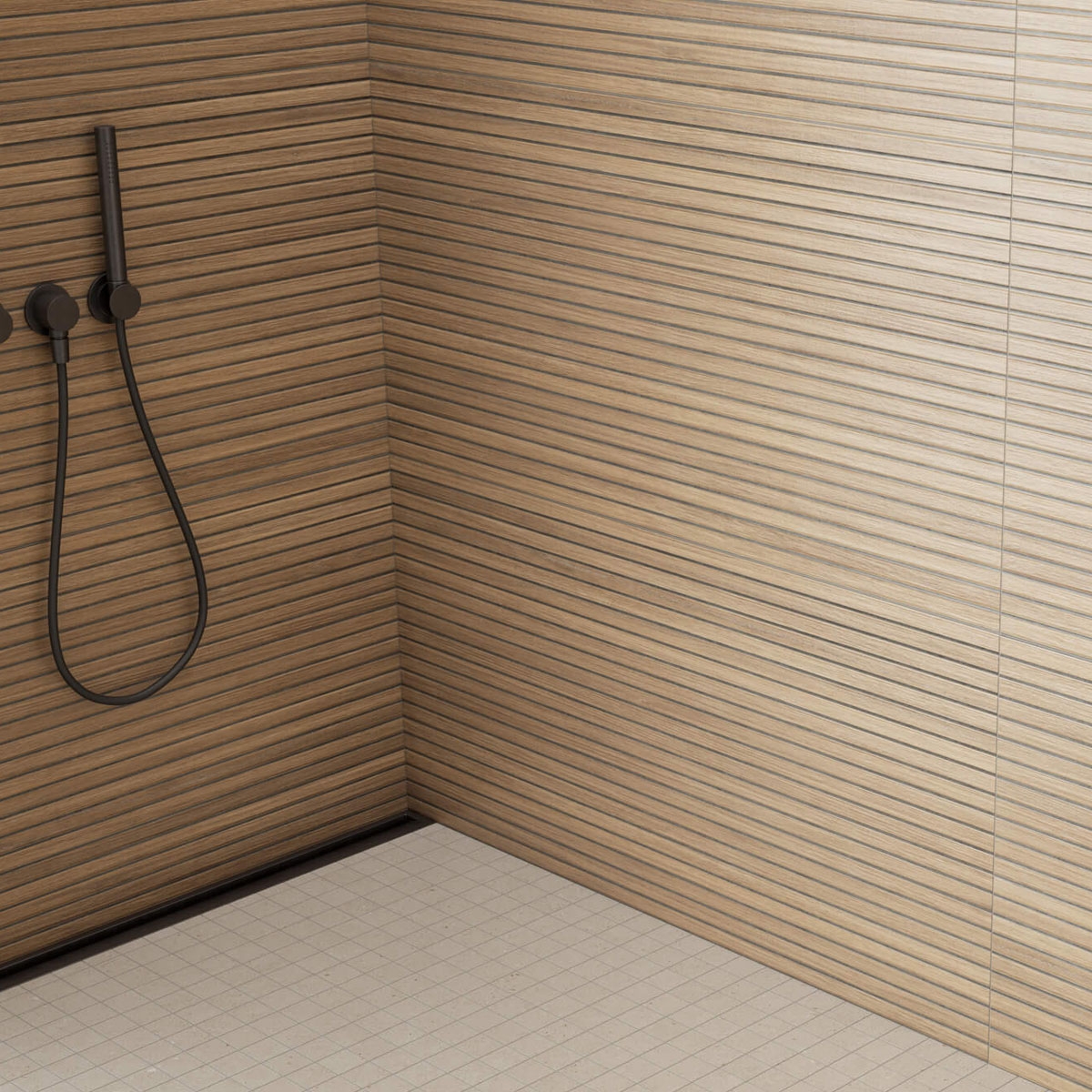 Baño con revestimiento Osaka Teak-Nero 60x120 (Caja 1.44m2)
