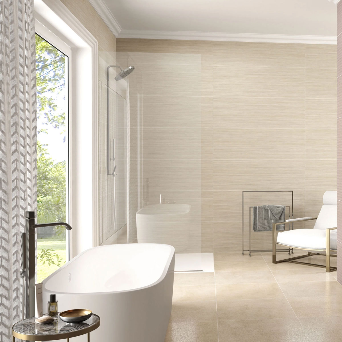 Baño con revestimiento Q Lines Sand 40x120 (Caja 1.44m2)