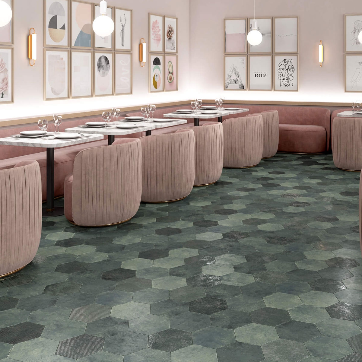 Interior con pavimento Saona Esmeralda 23x27