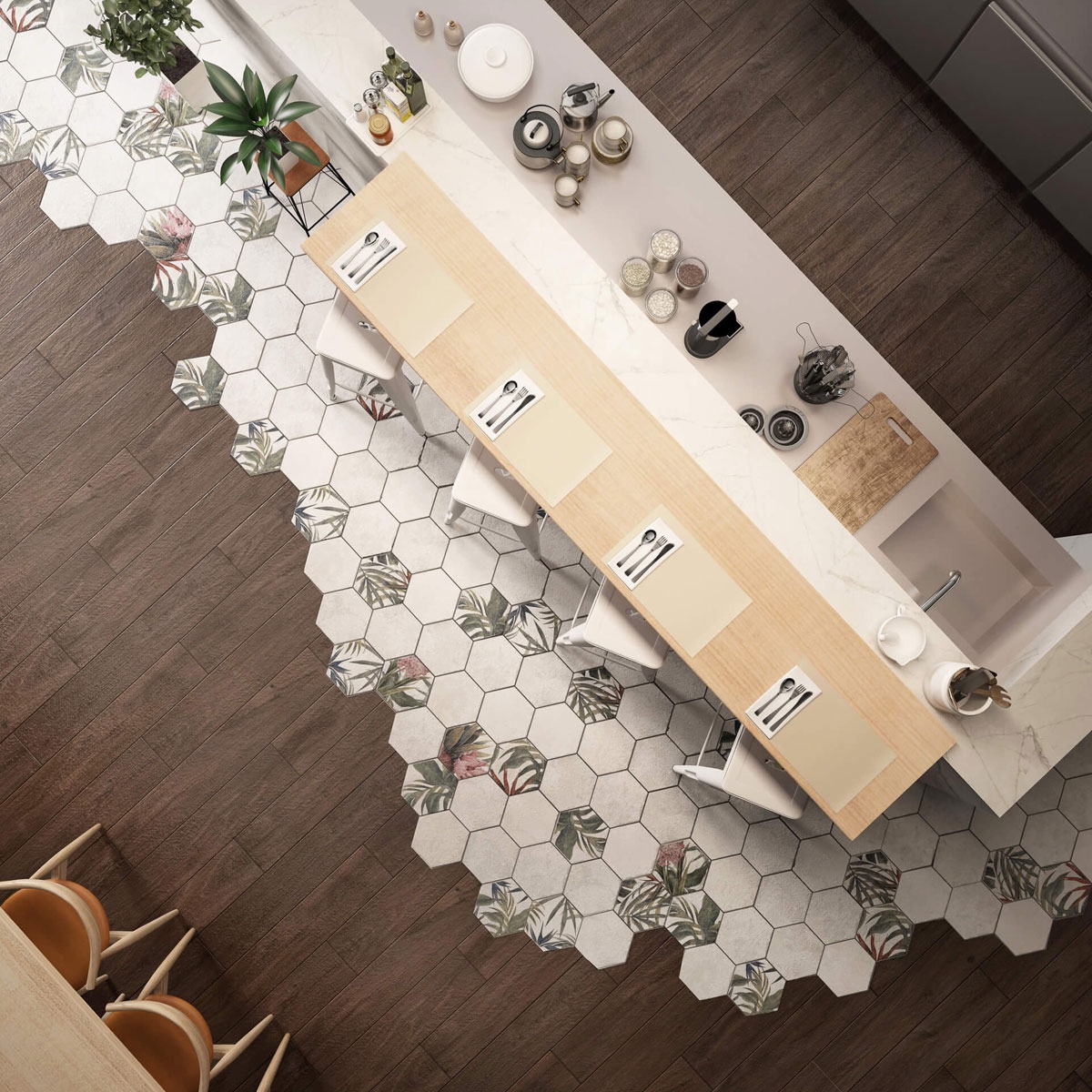 Interior con pavimento Saona Blanco 23x27