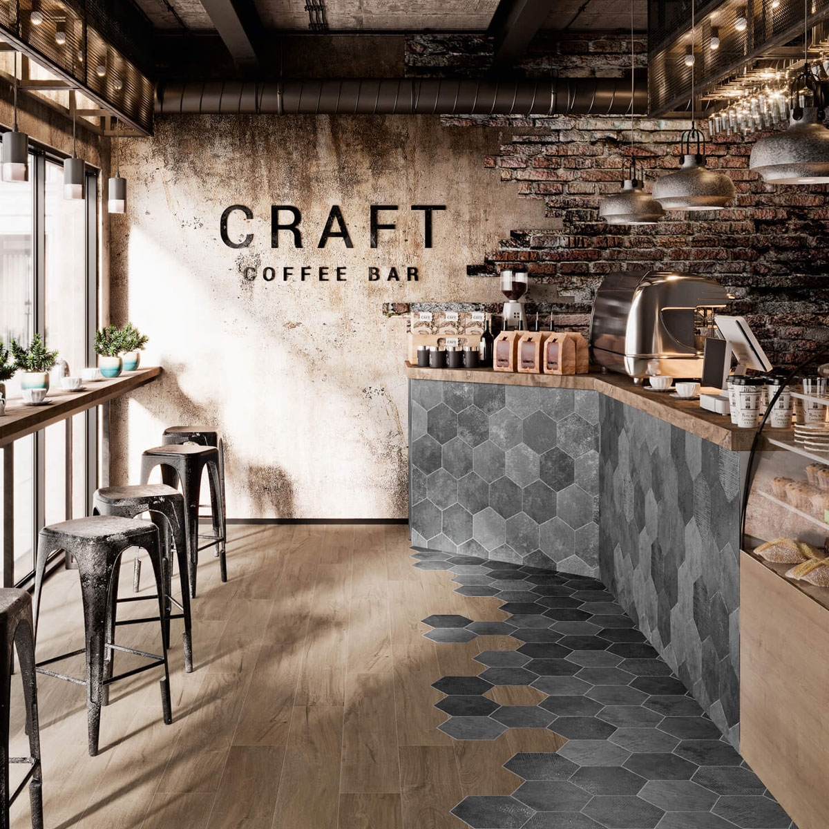 Interior con revestimiento y pavimento Saona Borneo Lava 23x27