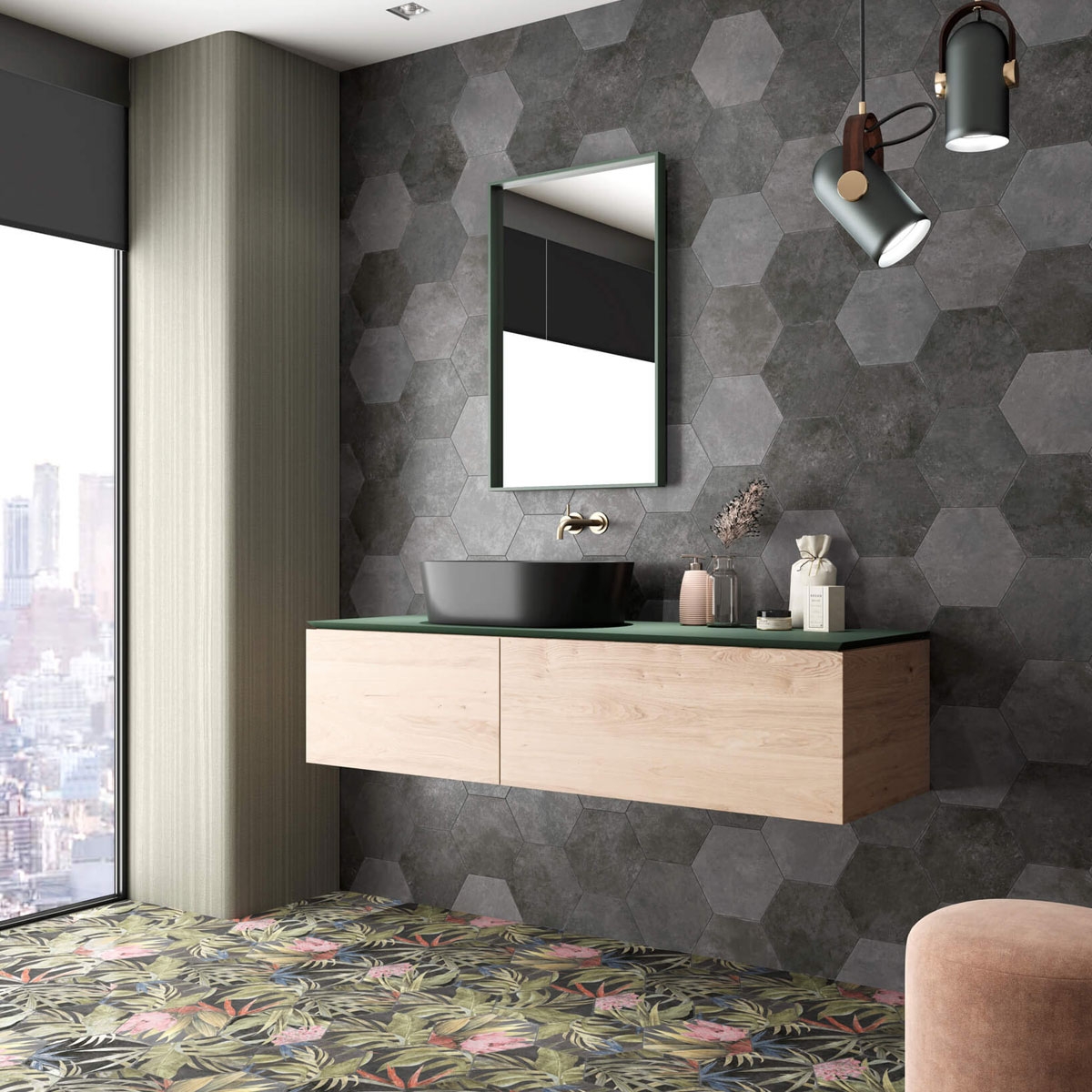 Baño con pavimento Saona Aruba Lava 23x27