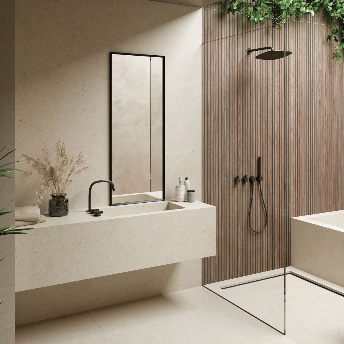 Baño con pavimento Somport Sand 120x120