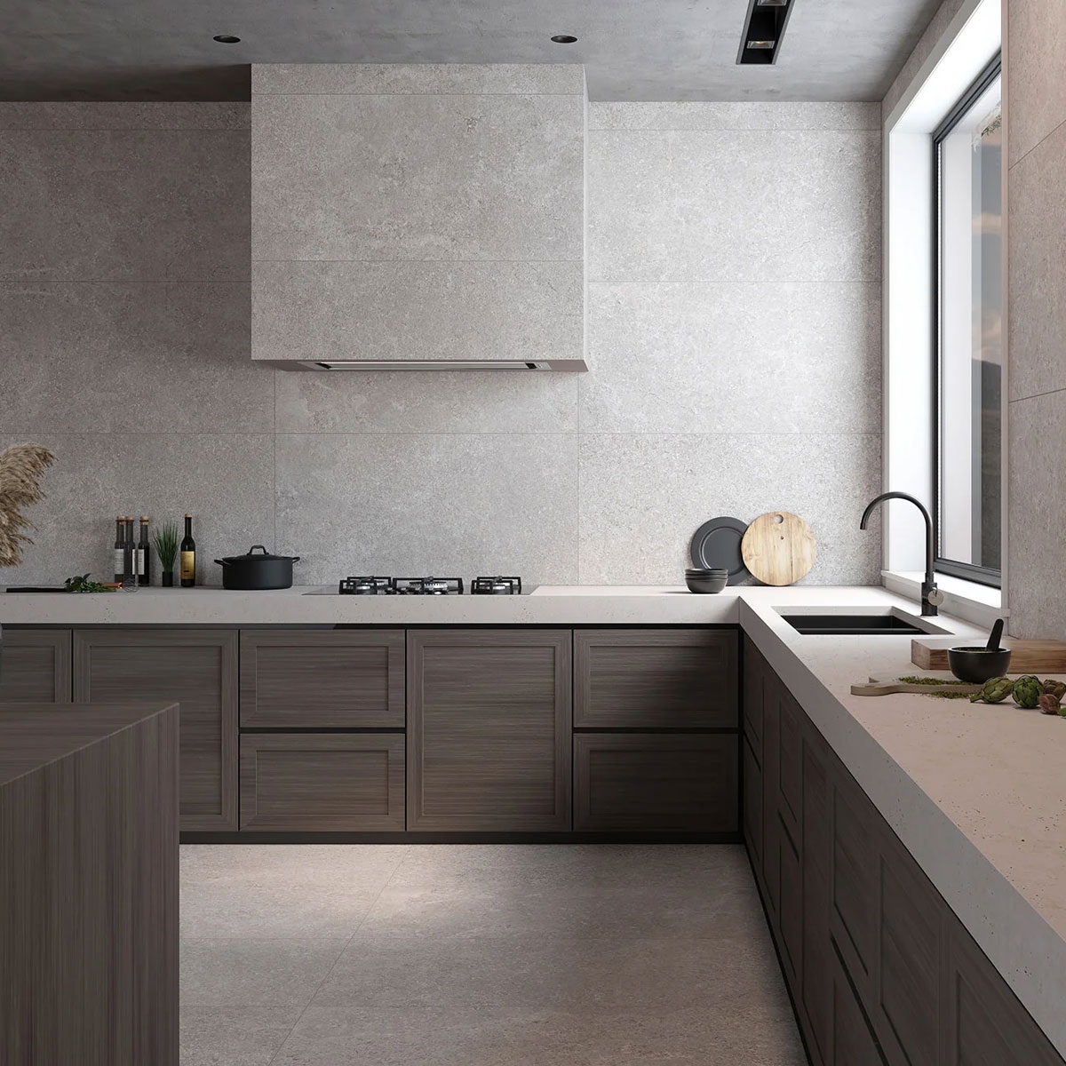 Interior con revestimiento y pavimento Tibet Pearl 60x120