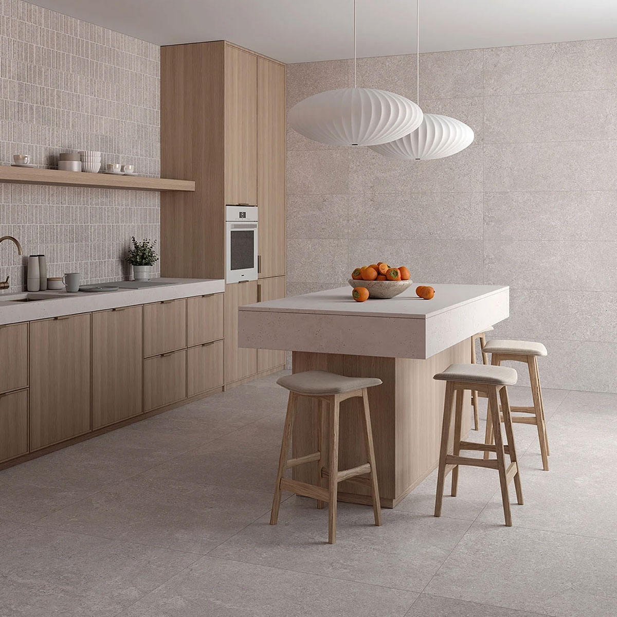 Interior con pavimento Tibet Sand 90x90