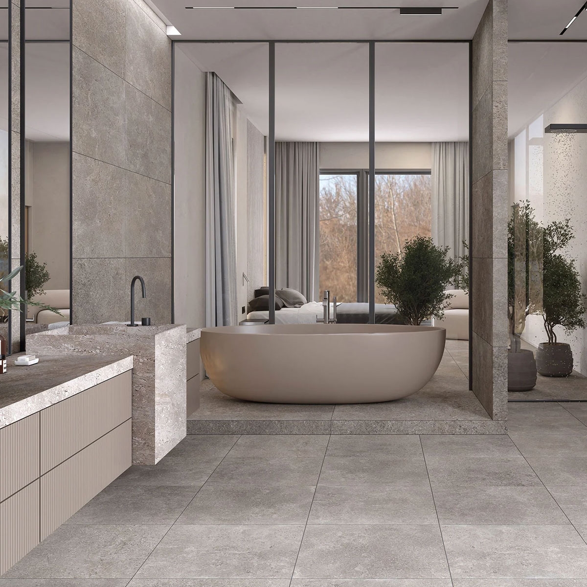 Baño con pavimento Tibet Pearl 60x60
