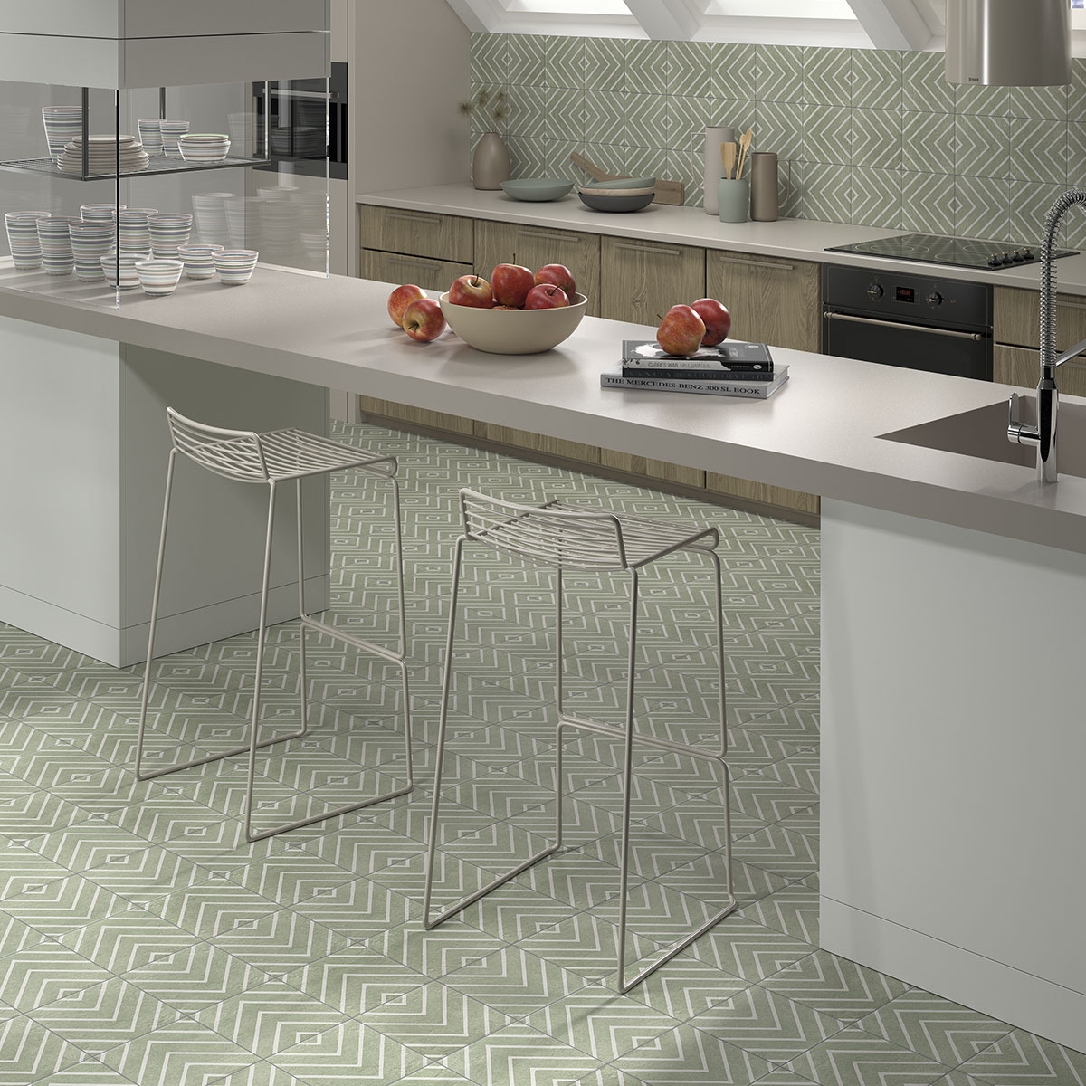 Interior con pavimento y revestimiento Green Garden Decor Green One 20x20