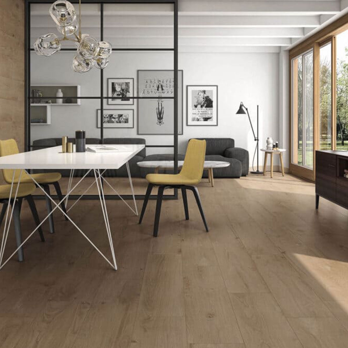 Comedor con Pavimento Freya Beige 25x100 cm