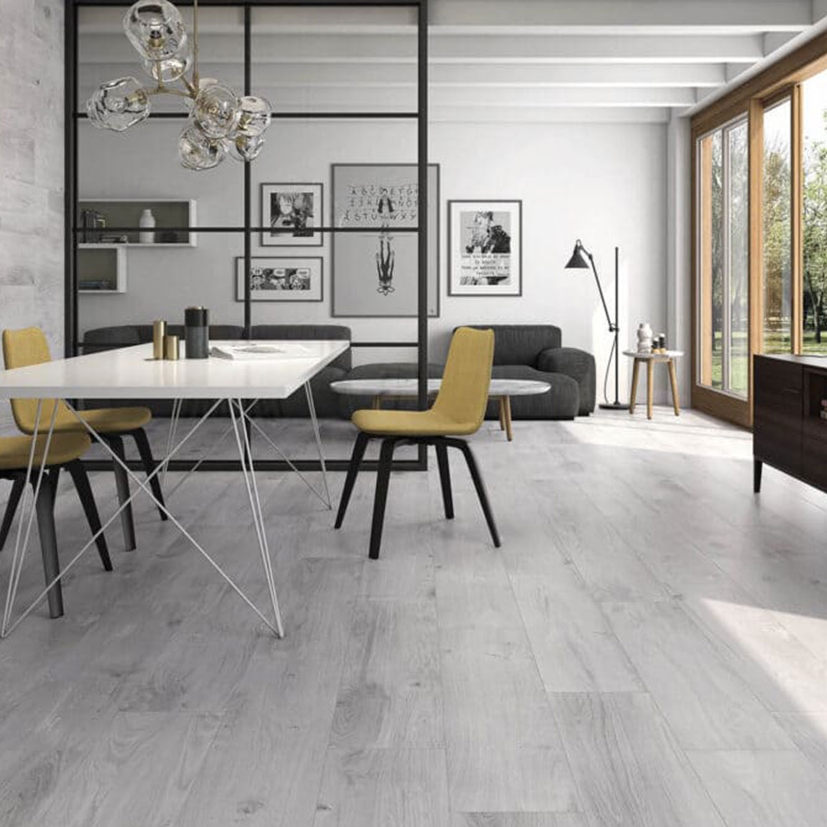 Comedor con Pavimento Freya Gris 25x100 cm