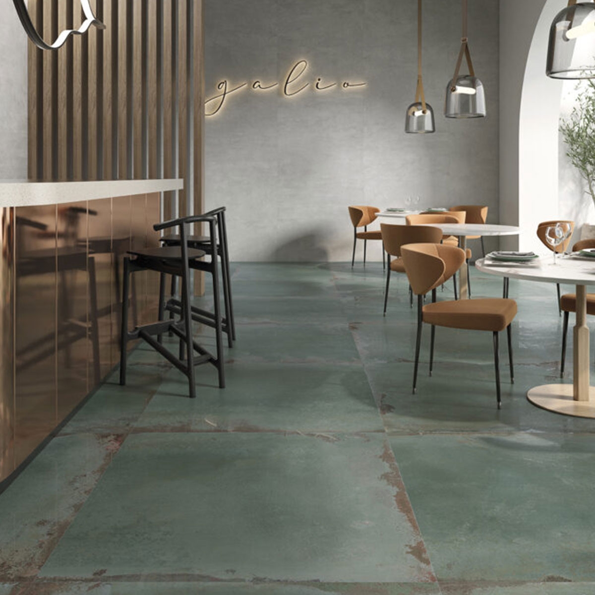 Restaurante con Pavimento Galio Turquesa 120x120 cm