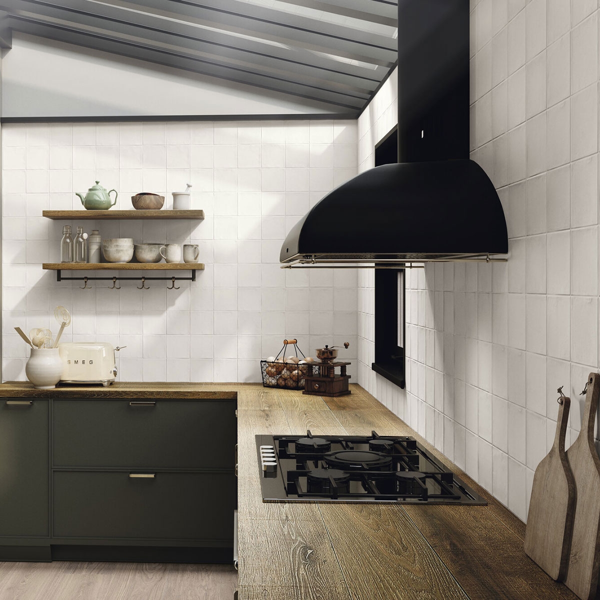 Cocina con revestimiento Sintra Madeira Ice White 11.5x11.5