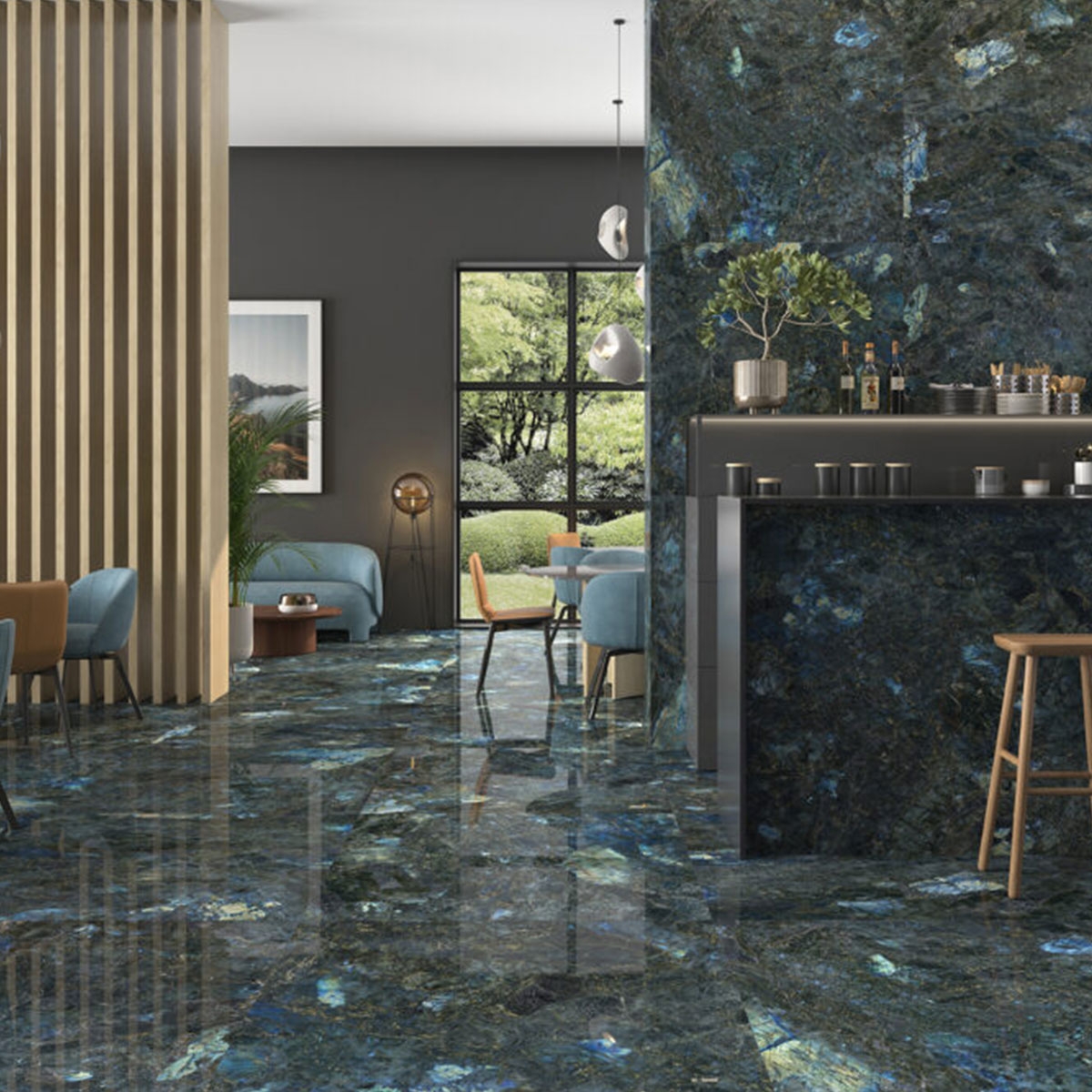 Lobby con Pavimento y Revestimiento Labradorite Blue 120x120 cm