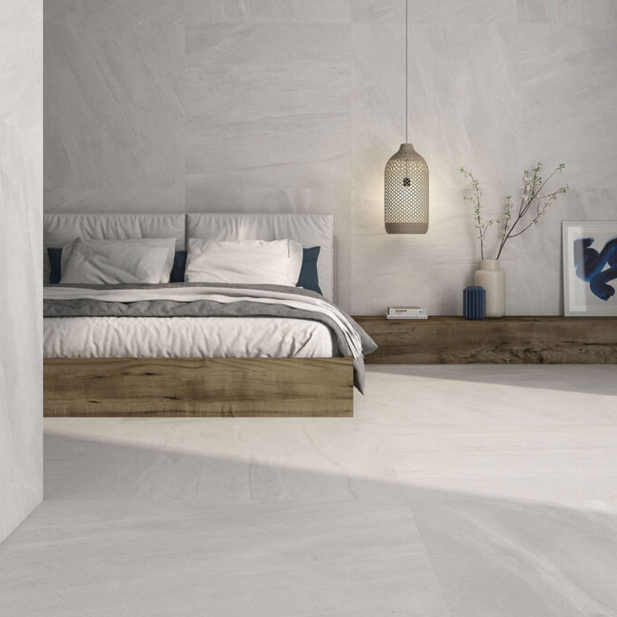 Dormitorio con Revestimiento y Pavimento Lavica Arena 120x120 cm