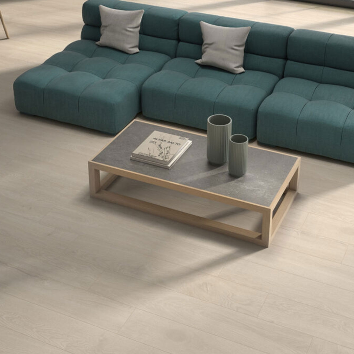 Sala con Pavimento Lenox Haya 20x120 cm