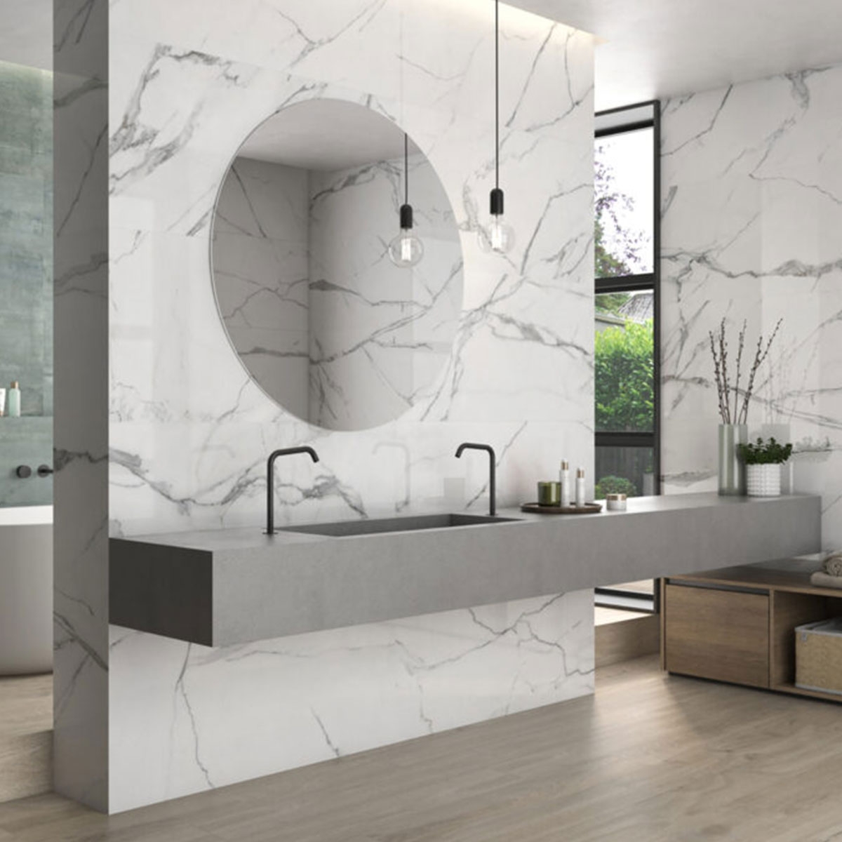 Baño con Pavimento Lenox Nut 20x120 cm