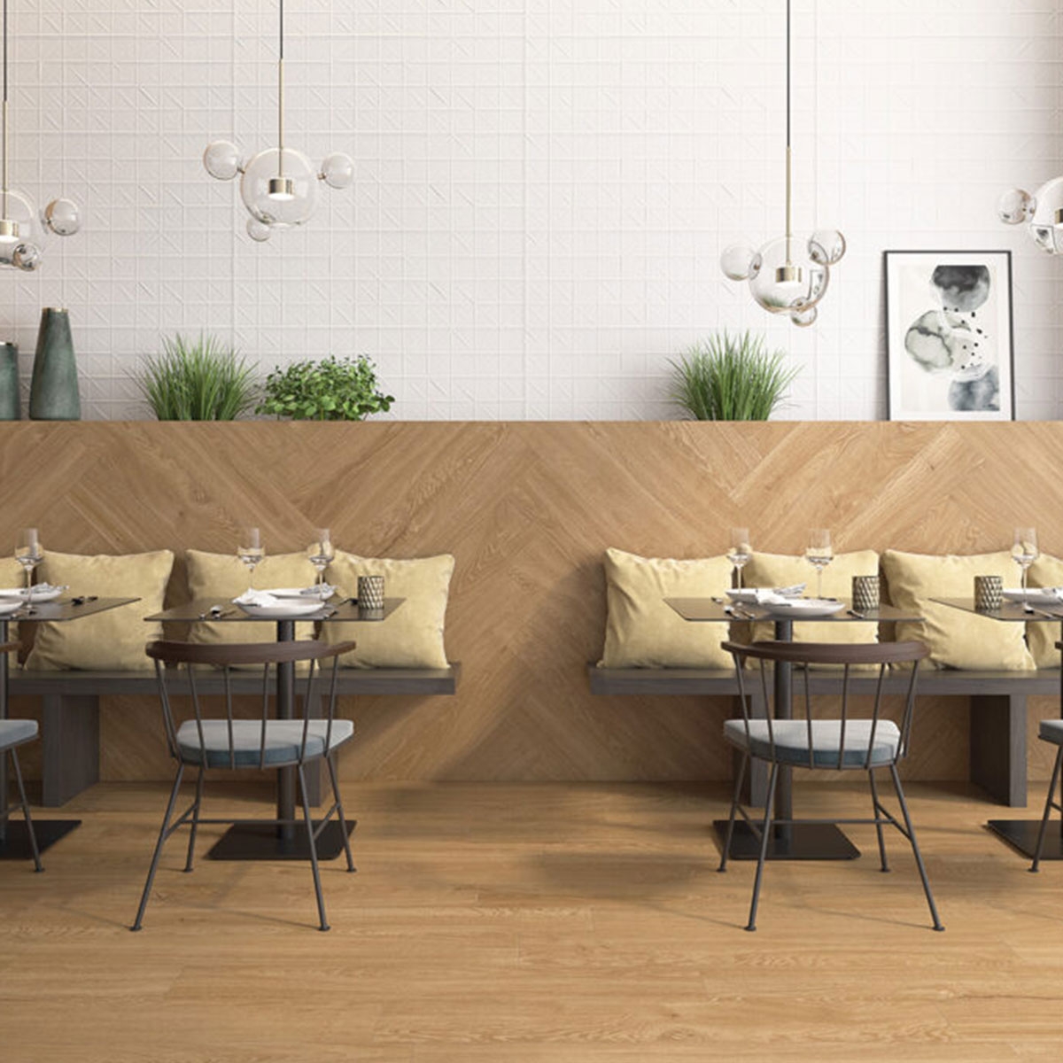 Restaurante con Revestimiento y Pavimento Lenox Miel 20x120 cm