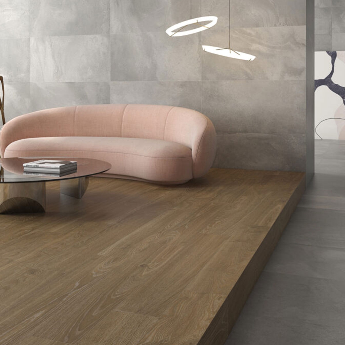 Sala con Pavimento Lenox Roble 20x120 cm