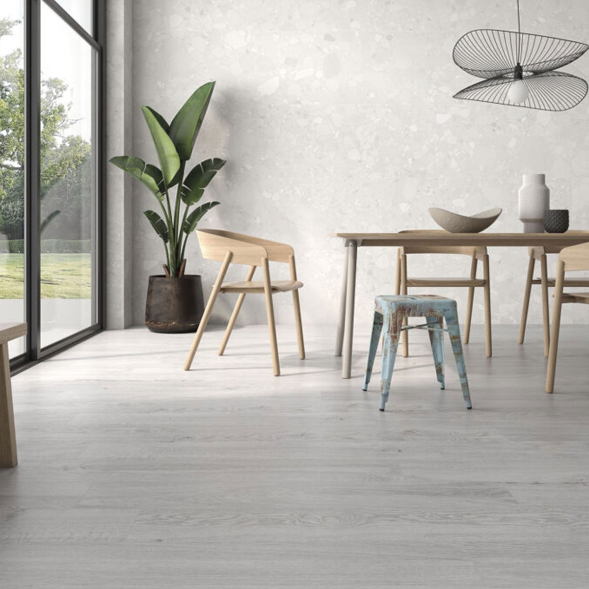 Comedor con Pavimento Lenox Gris 20x120 cm