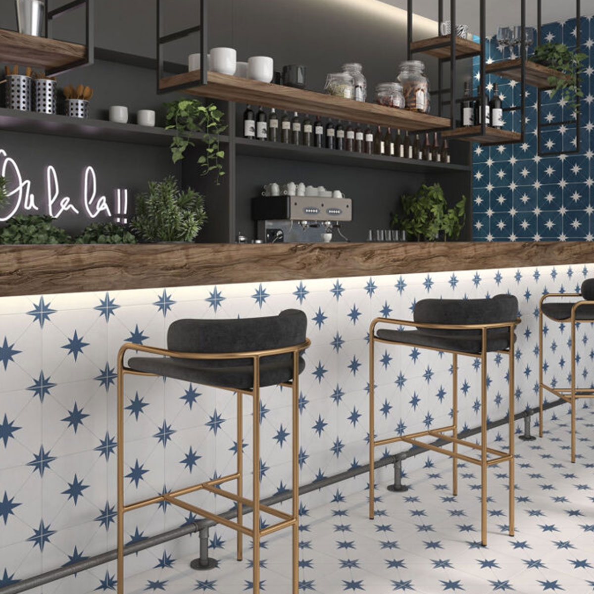 Cafetería con Revestimiento y Pavimento Llevant Blue 22.3x22.3 cm