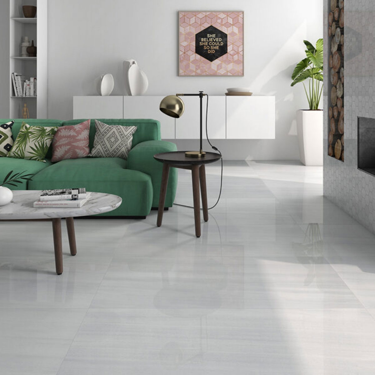 Sala con Pavimento Macael Blanco Pulido 60x120 cm