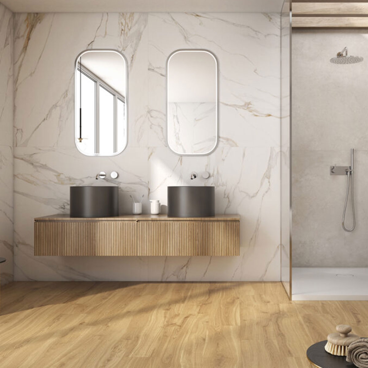Baño con Pavimento Madison Miel 20x120 cm