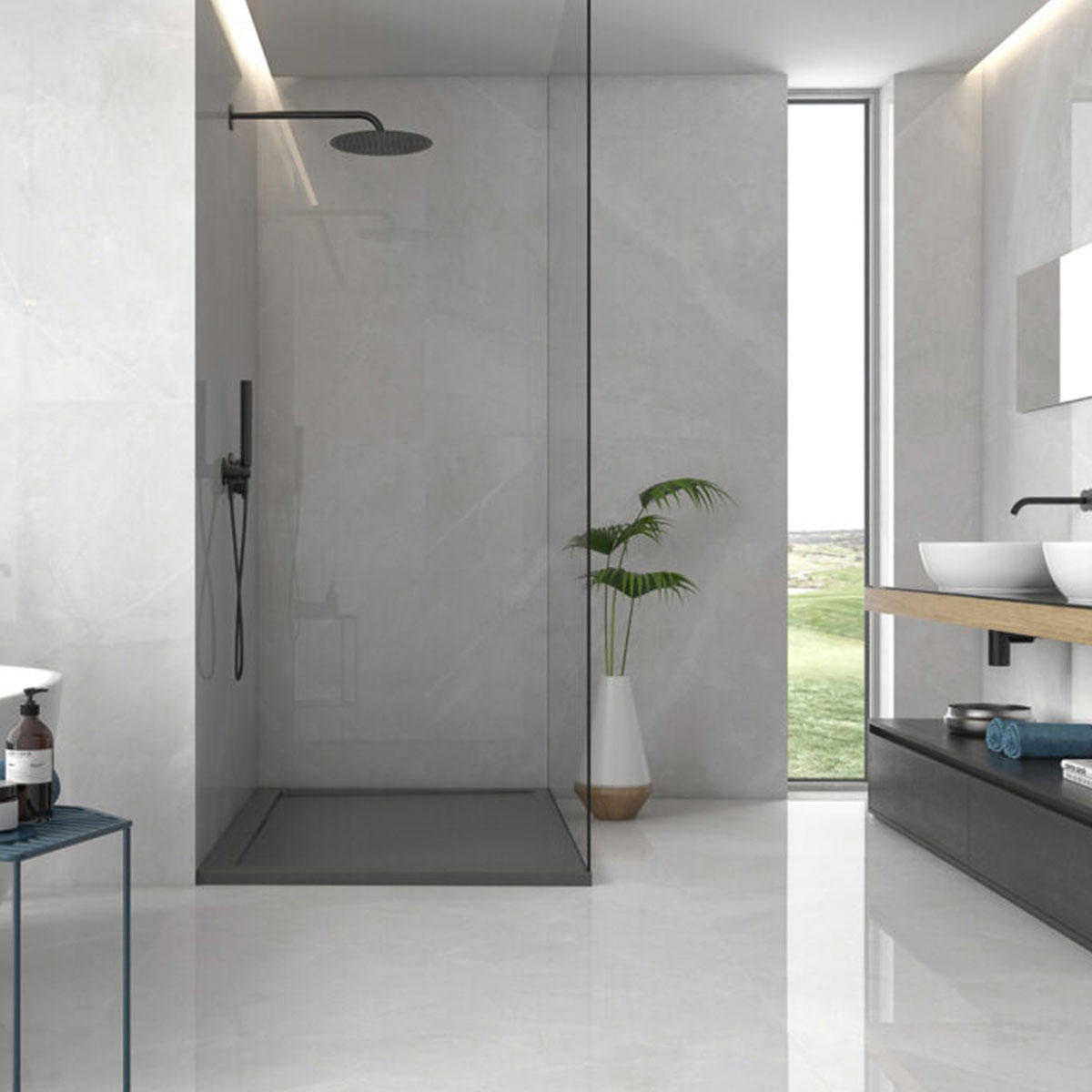 Baño con Pavimento Magda Blanco Pulido 120x120 cm