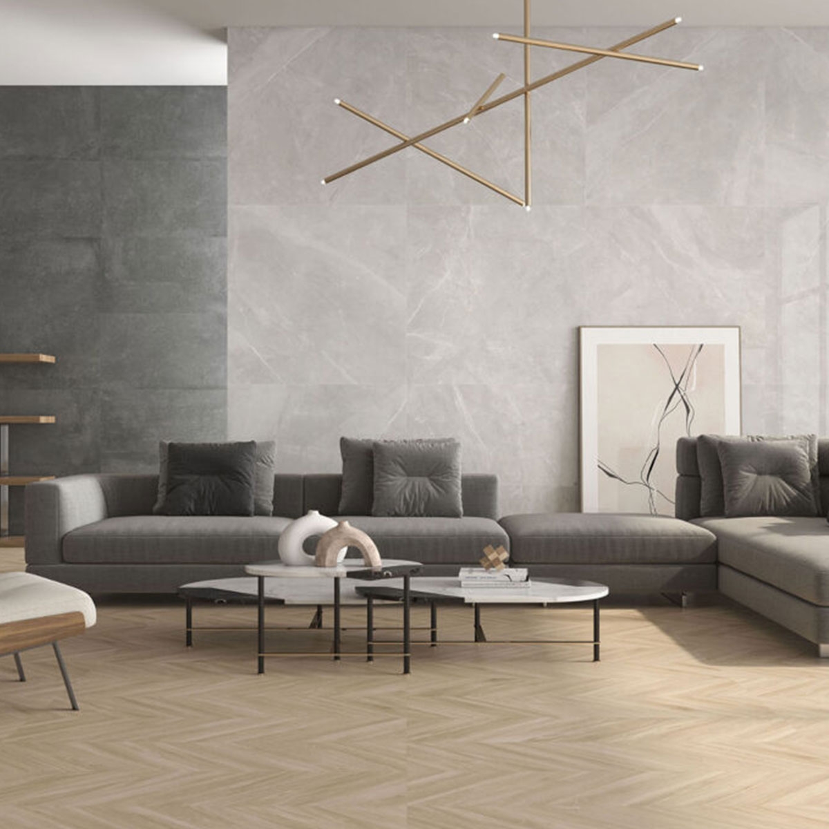 Sala con Revestimiento Magda Perla 120x120 cm